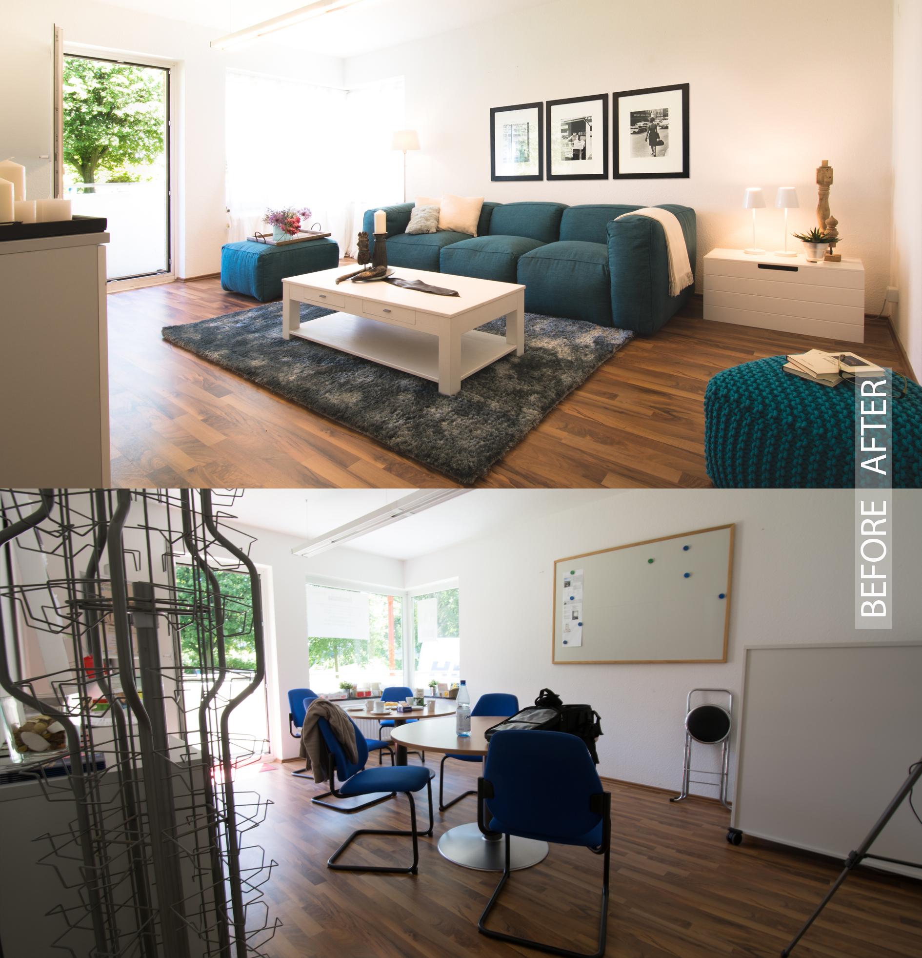 Nachher/Vorher Wohnzimmer #couchtisch #kommode #sofa #blauessofa #ottomane #weißercouchtisch ©Luna Homestaging