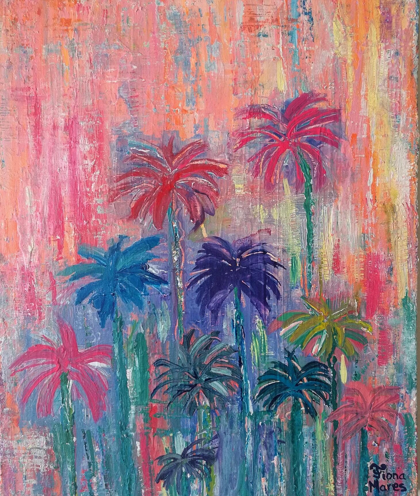 "Palm garden in the glowing sun" by Fiona Mares, Painter #wanddeko ©Fiona Mares