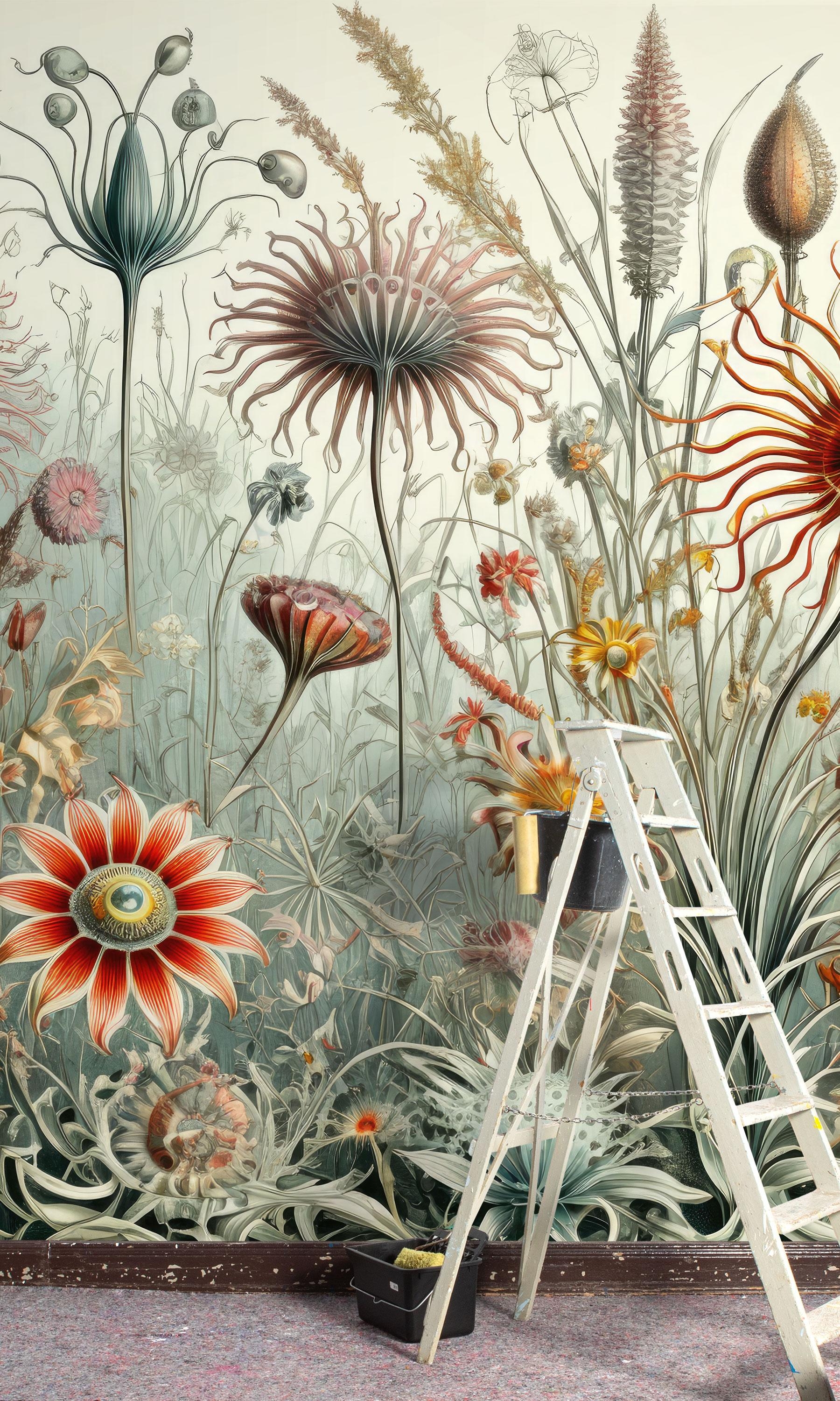 Panorama Tapete mit fantastischen Blumen- und Pflanzenmotiven, inspiriert durch den Naturforscher und Zeichner Ernst Haeckel.