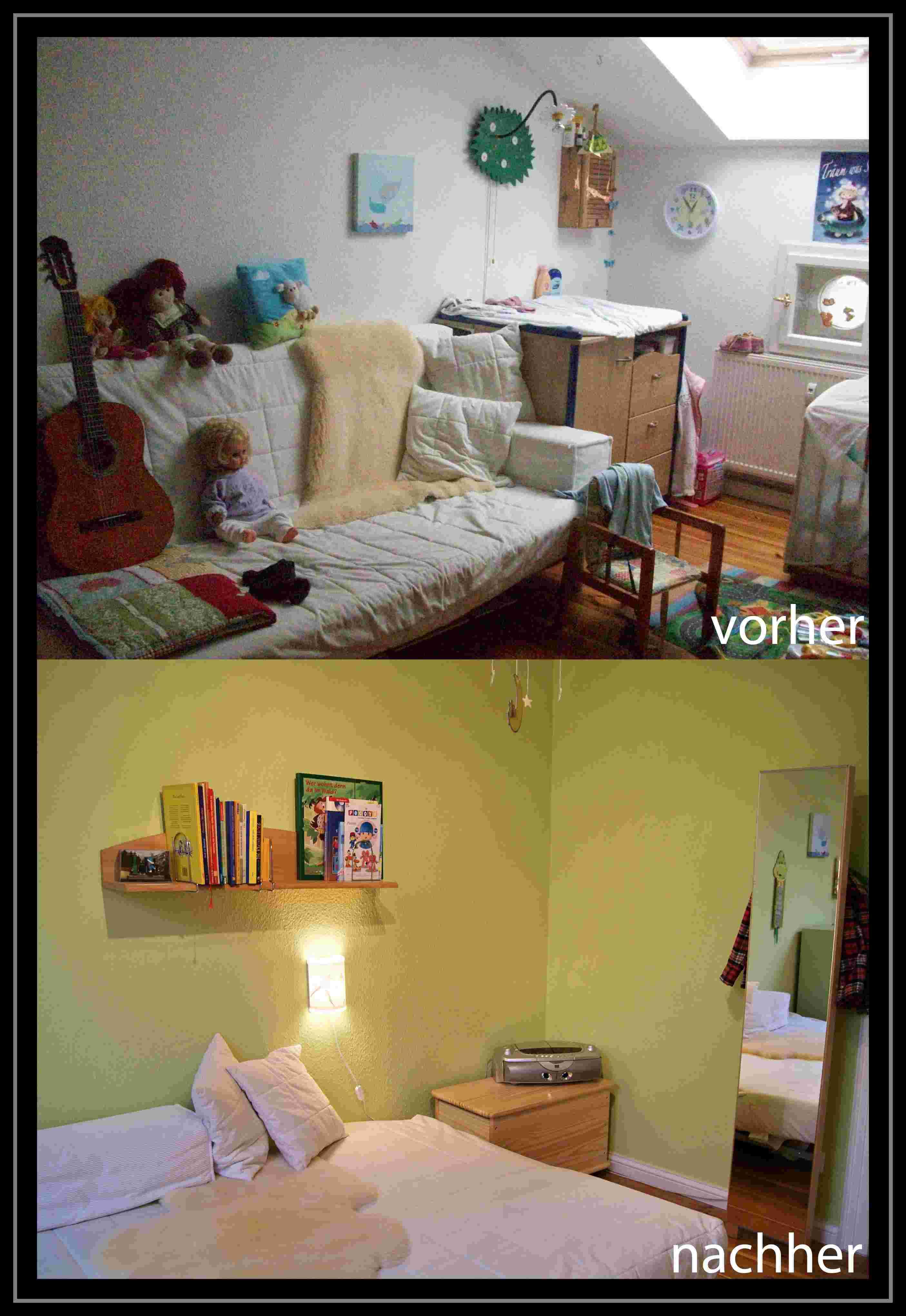 ReDesign Kinderzimmer #wandregal #nachttisch #kinderbett #hölzerneswandregal #grünewandfarbe ©artenstein