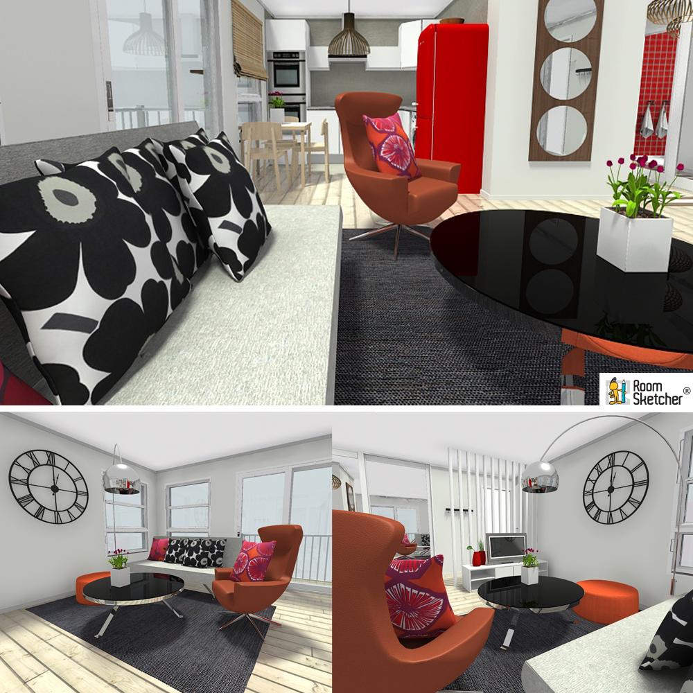 RoomSketcher Wohnidee: Kleine Wohnung einrichten - Wohnbereich mit Küche #wohnzimmer #kleinerraum #kleinewohnungeinrichten ©RoomSketcher