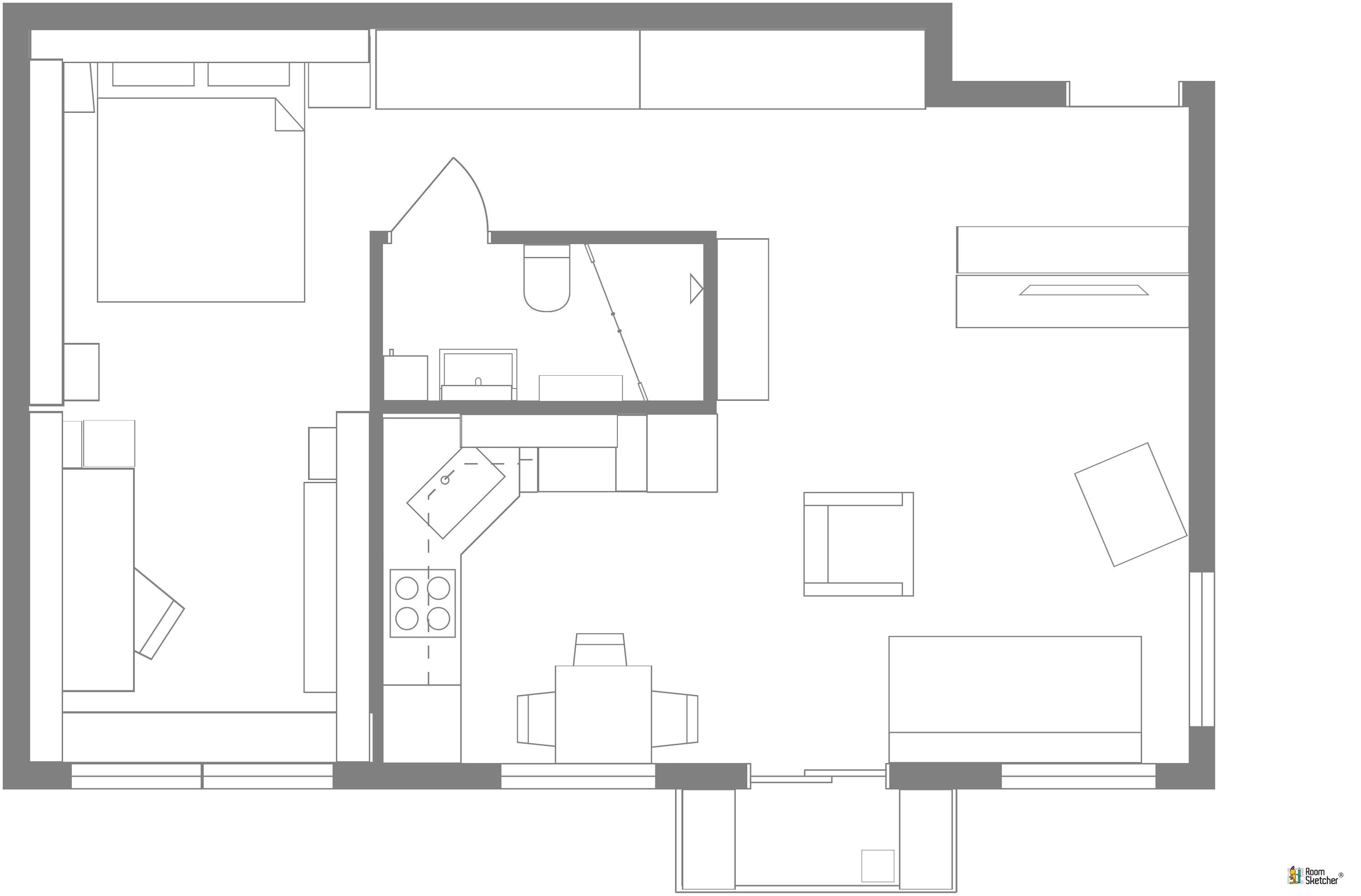 RoomSketcher Wohnidee: Kleine Wohnung mit Stauraum einrichten: 2D Grundriss #stauraum #grundriss #kleinewohnungeinrichten ©RoomSketcher