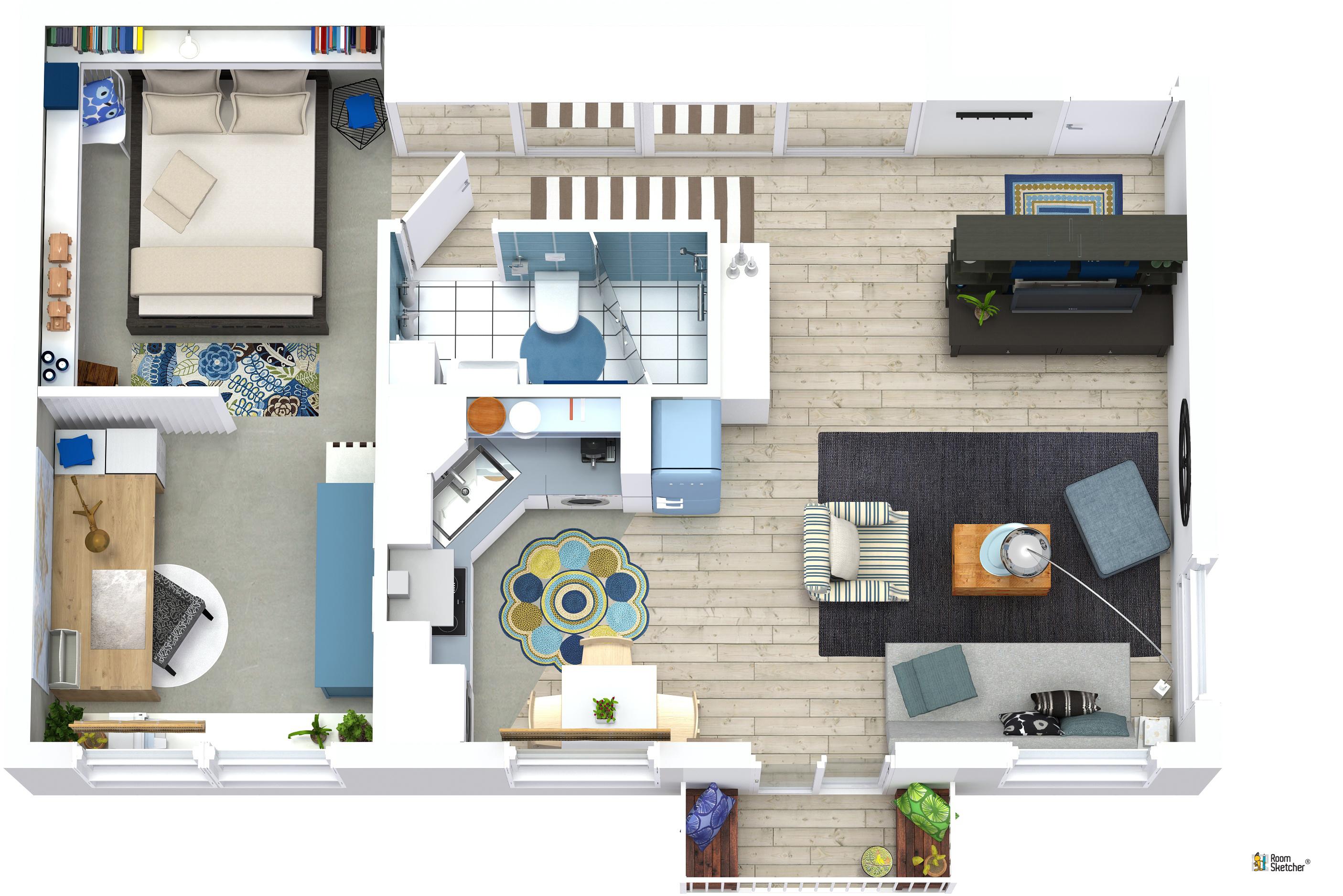 RoomSketcher Wohnidee: Kleine Wohnung mit Stauraum einrichten: 3D Grundriss #stauraum #kleinewohnungeinrichten ©RoomSketcher