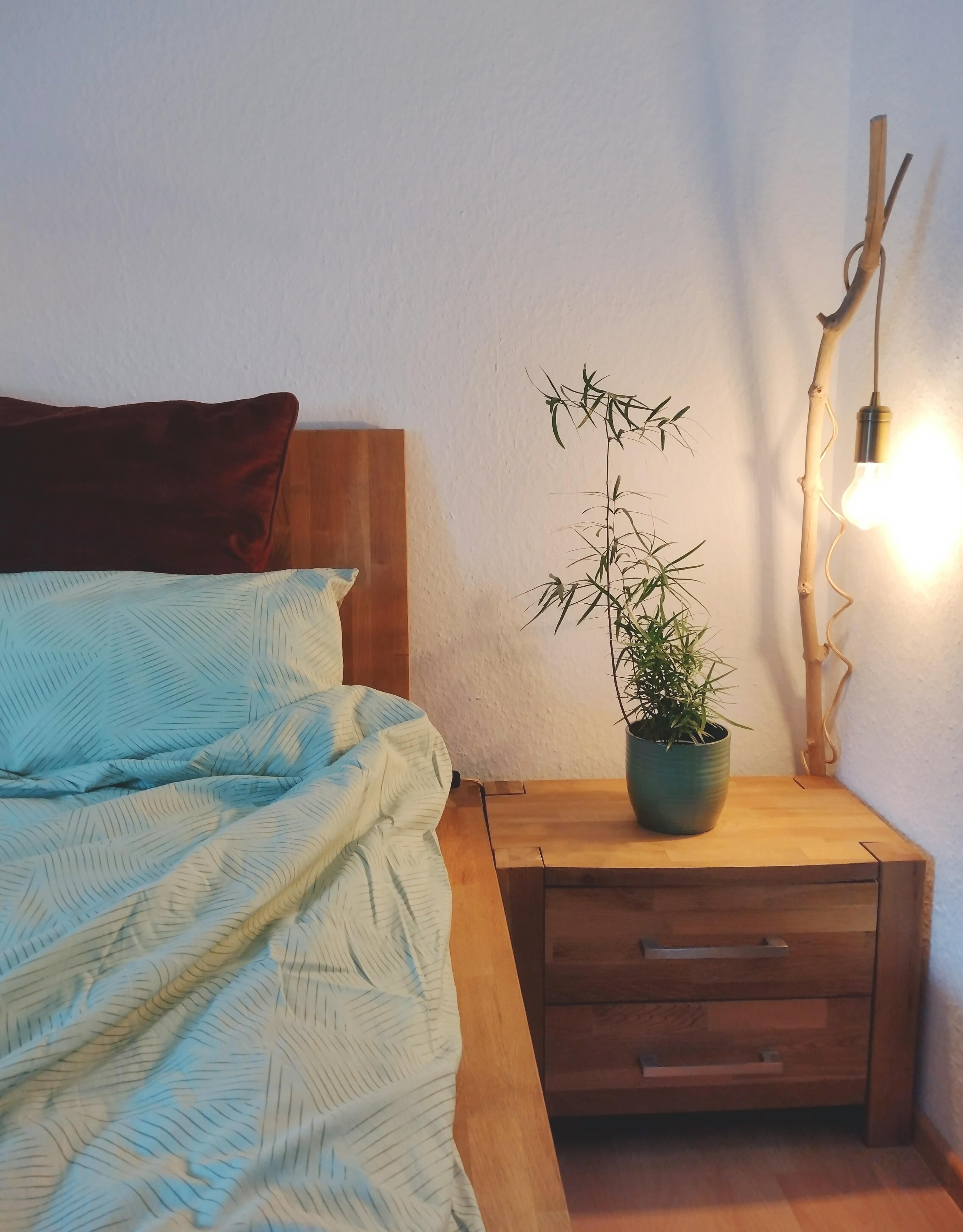 #schlafzimmer #details #bettwäsche #licht #nachttisch #grünpflanze #ast #natürlich #holz #holzmöbel #eiche