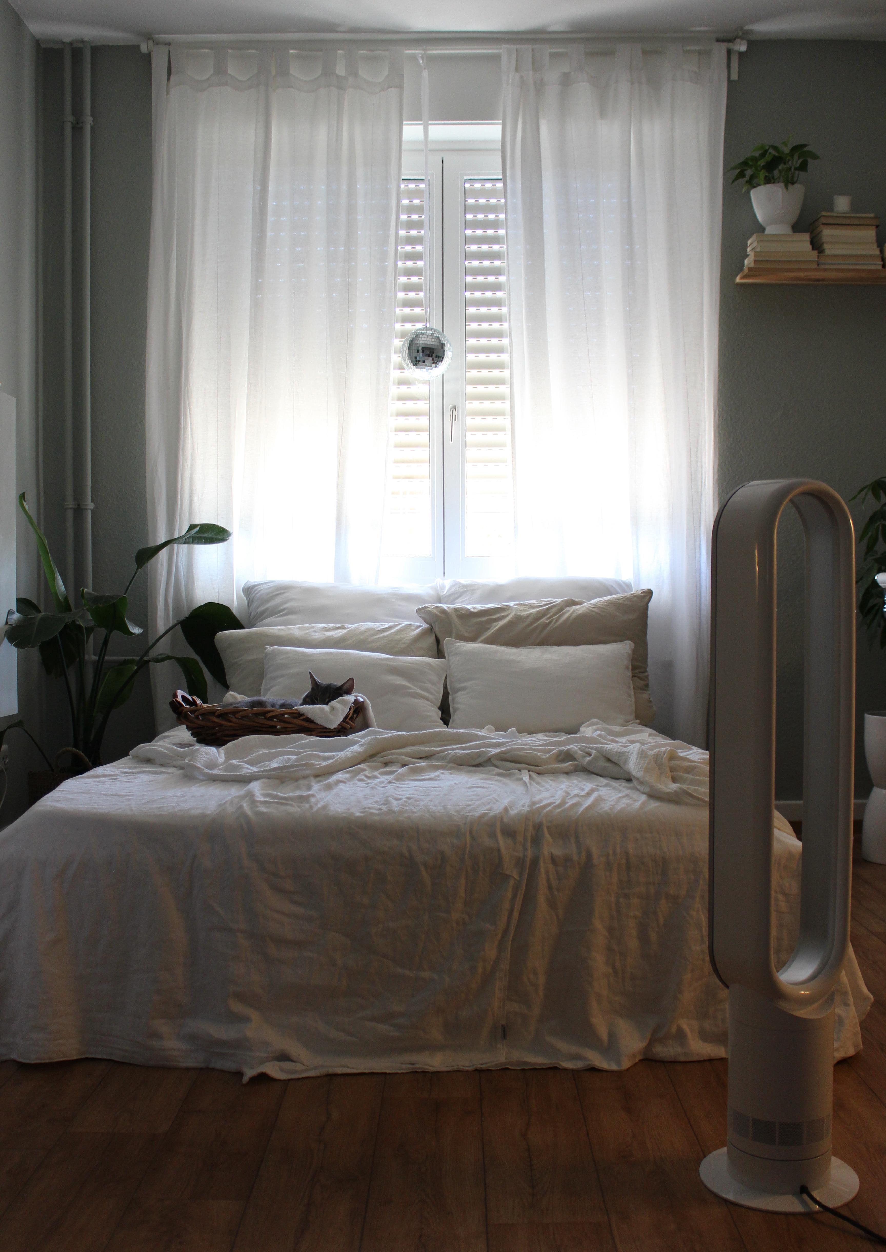 #schlafzimmer #pastell #beige #ventilator #katze #korb #pflanze #bett