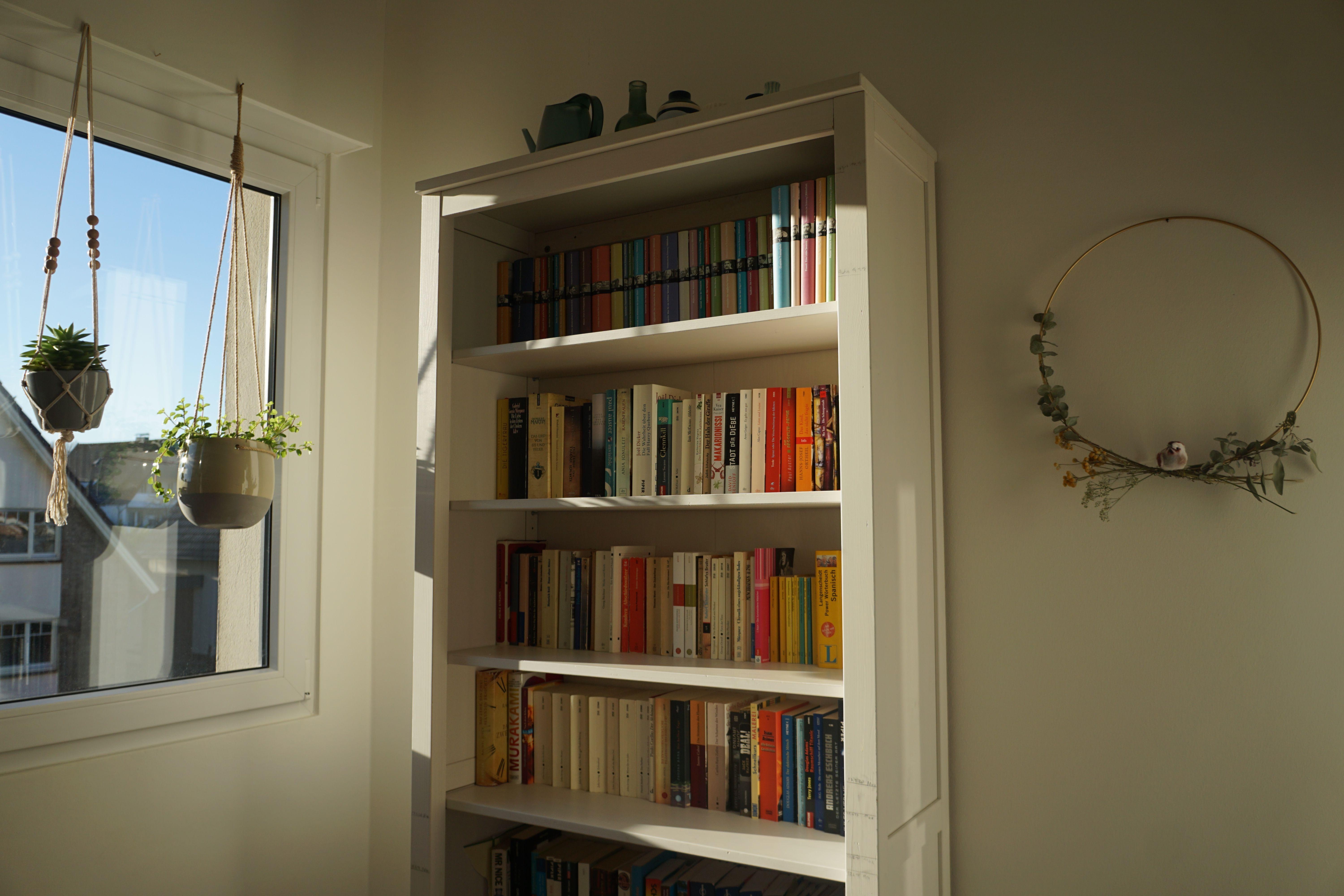 Sonne in unserer Mini-Bibliothek ... #Bücherregal #Blumenampel #Flur