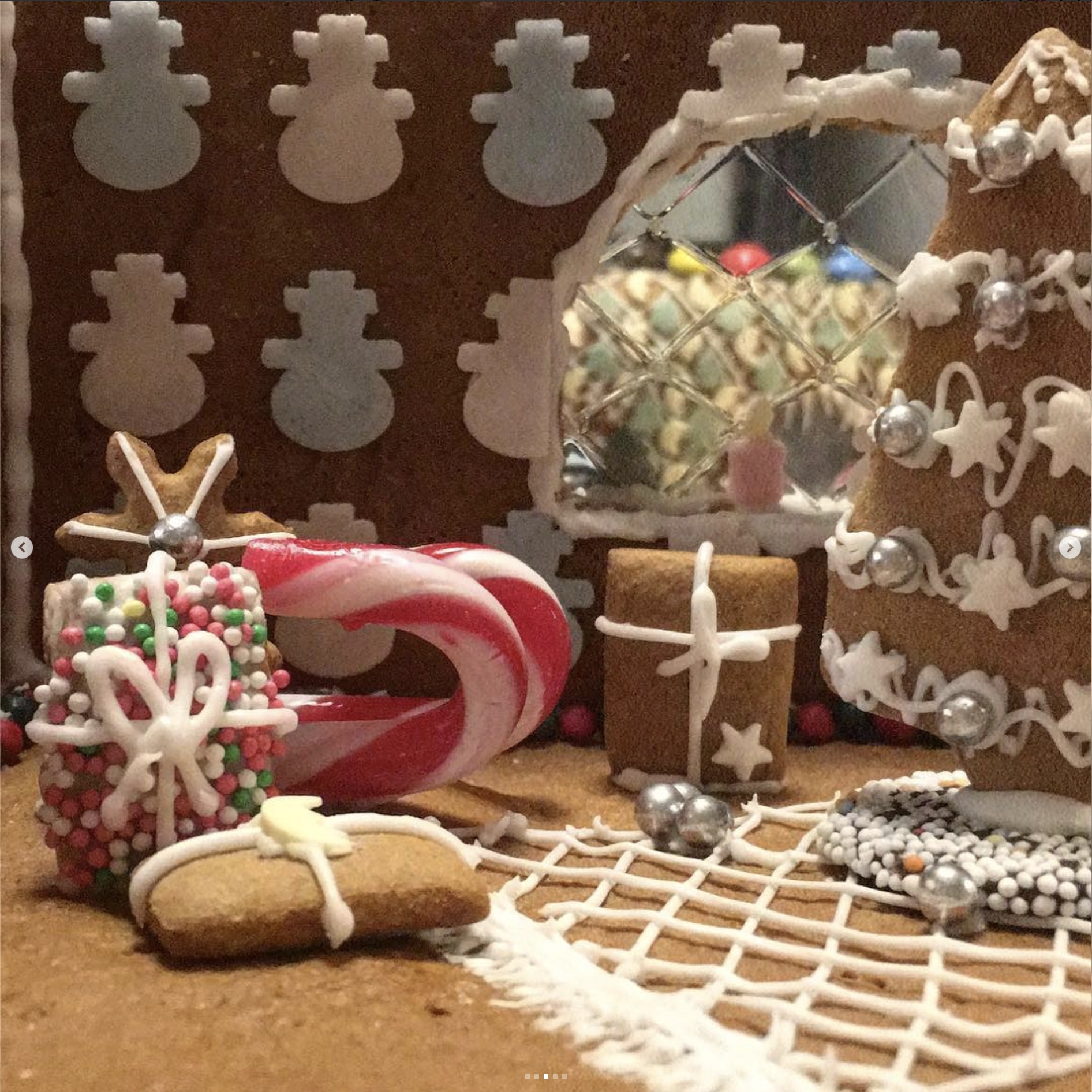 Tapete aus Oblaten-Schneemännern, Schlitten aus Zuckerstangen und bunte Geschenke liegen im #Lebkuchenhaus unterm Baum.