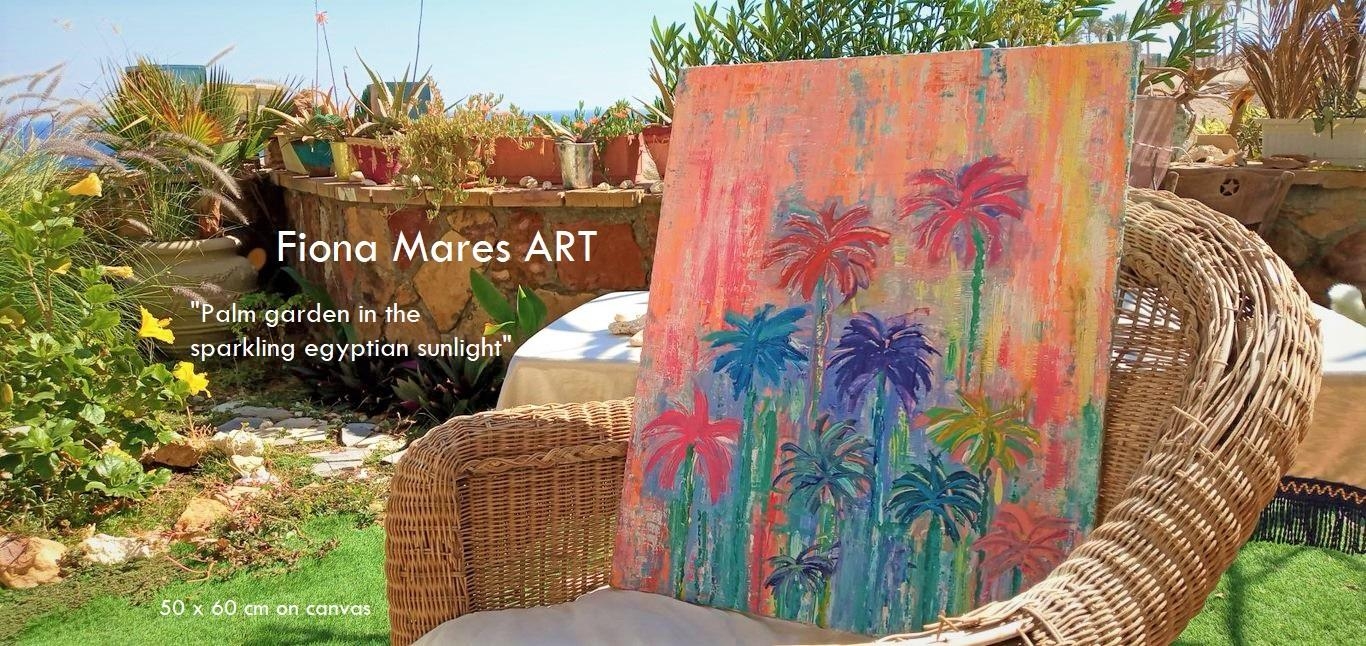 Urlaubsfeeling auf der Terrasse und im Garten! Palmenbild in orange und coral von Fiona Mares, Malerin aus Ägypten. 