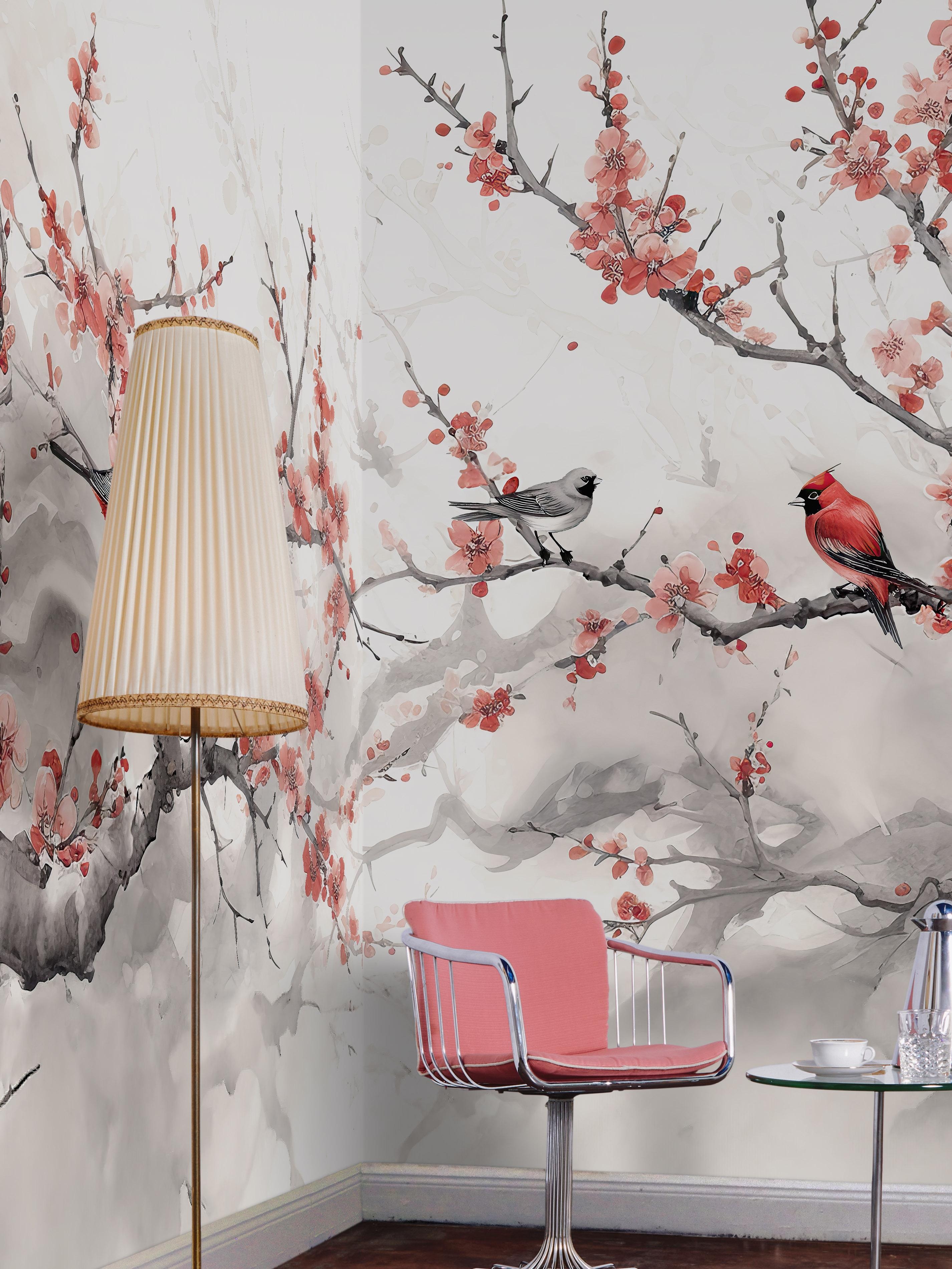 Wandfüllendes Tapetenmotiv mit Kirschblüten und Vögel im Stil japanischer Tuschemalerei.

#Tapete #Kirschblüten