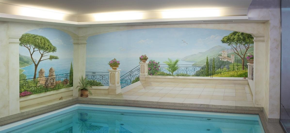 Wandmalerei Schwimmbad
Terrasse mit Meerblick und Sicht auf Ravello.