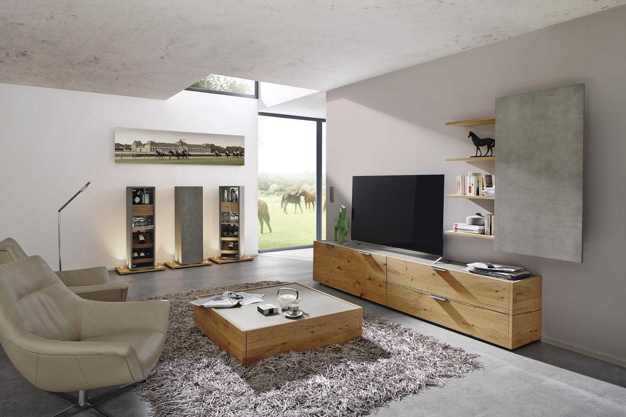 Wohnwand in Beton und Holzoptik #tvmöbel #wohnwand #wohnzimmergestaltung #zimmergestaltung ©Hülsta