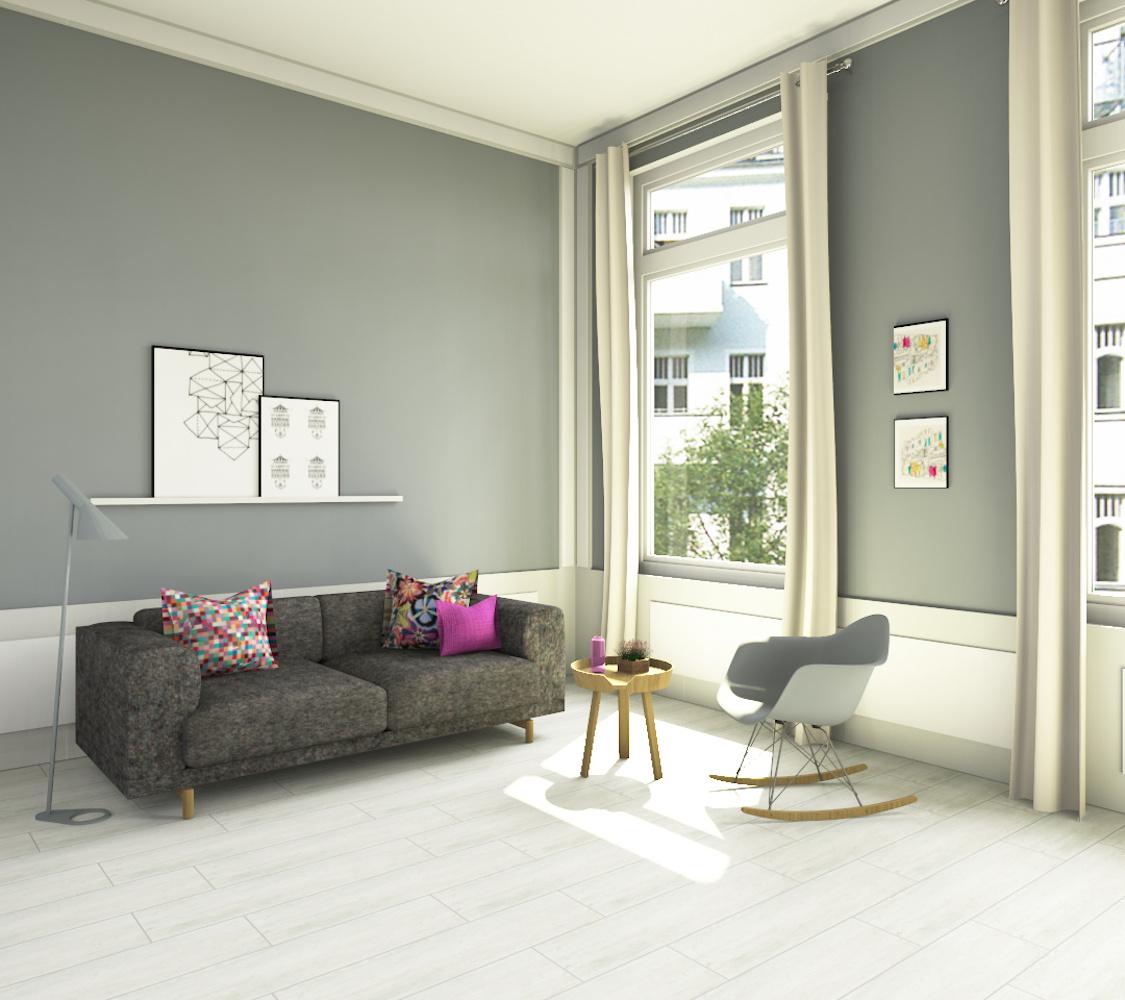 Wohnzimmer #beistelltisch #wandfarbe #wohnzimmer #stehlampe #schaukelstuhl #sofakissen #sofa #grauessofa #grauewandfarbe ©Fliesenmax