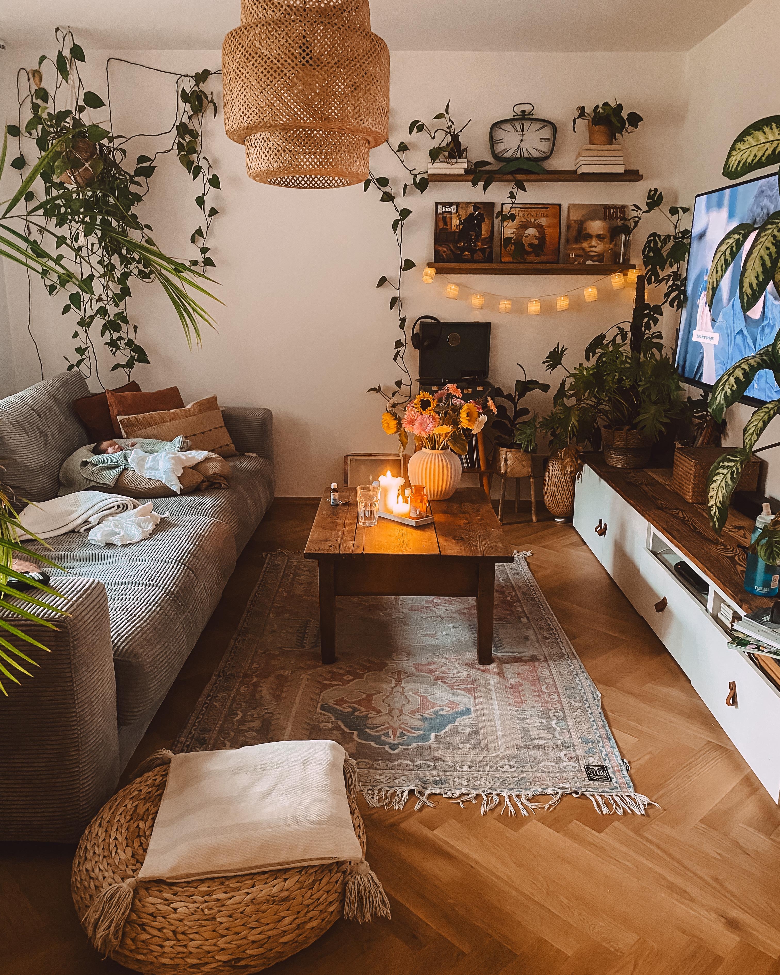 #wohnzimmer #herbst #boho #vinyl #couch #ikea #besta #sofa #lichterketten #pflanzen 