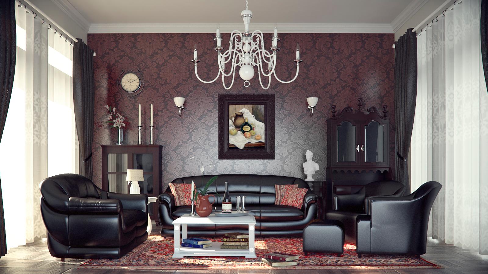 Wohnzimmer in rotem Charme mit stilvollem weißen Kronleuchter klassisch #wohnzimmer #ledersofa #kronleuchter ©kronleuchterhaus.de