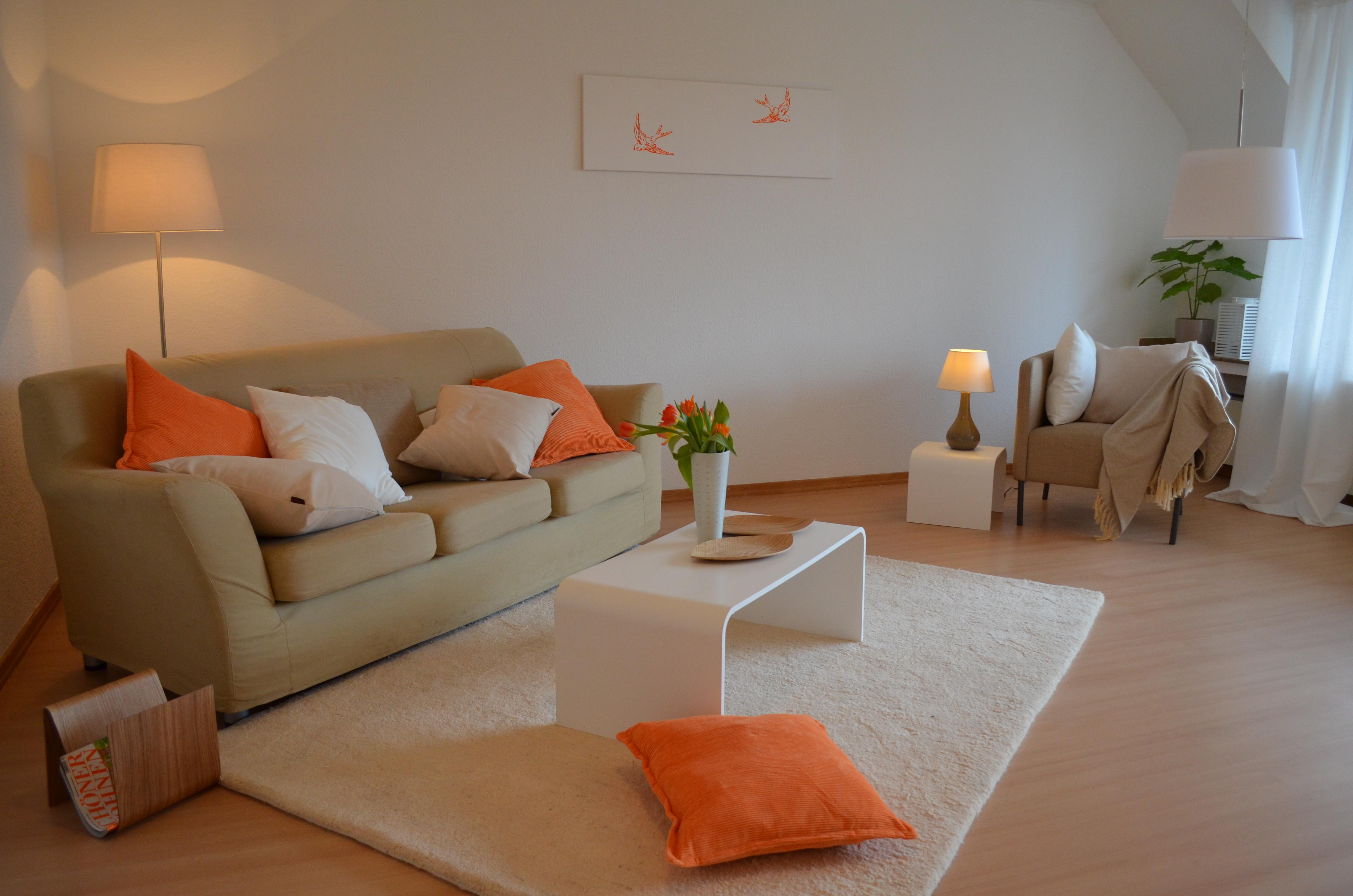 Wohnzimmer orange nachher #couchtisch #beistelltisch #teppich #wohnzimmer #sessel #stehlampe #sofakissen #laminat #sofa #weißercouchtisch #grünessofa ©feinrichten